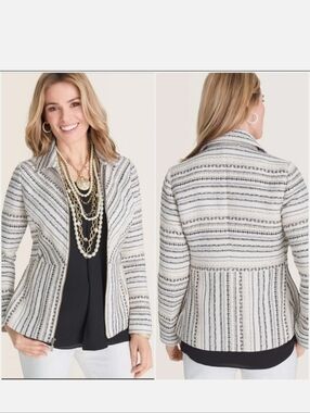 Chico’s Tweed Jacket Size 3 XXL Zip Front Textured Blazer Black White NWOT